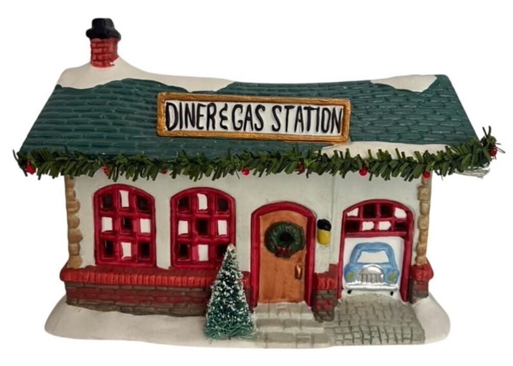 Vintage Lighted Porcelain Christmas Village Diner & Gas Station Building